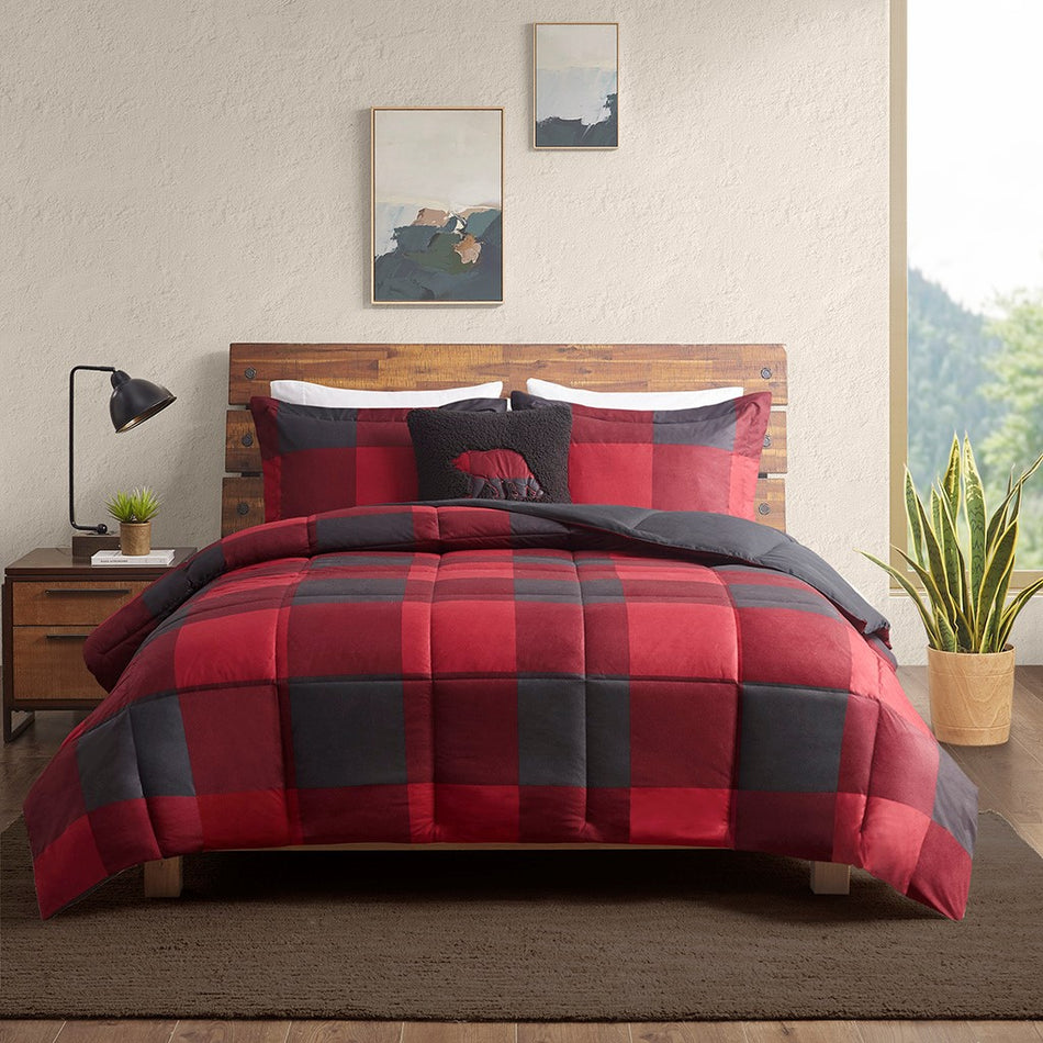 Hudson Valley Down Alternative Comforter Set - Red / Black Buffalo Check - Full Size / Queen Size
