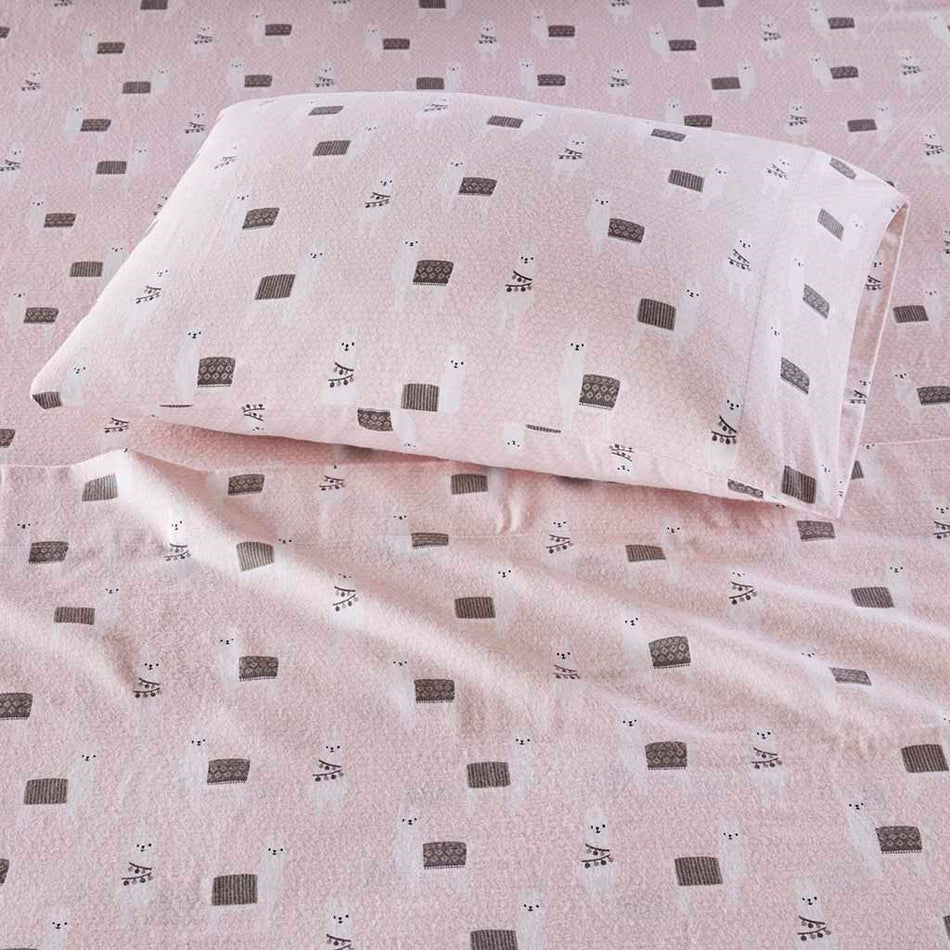 Cozy Soft Cotton Flannel Printed Sheet Set - Pink Llamas - Queen Size