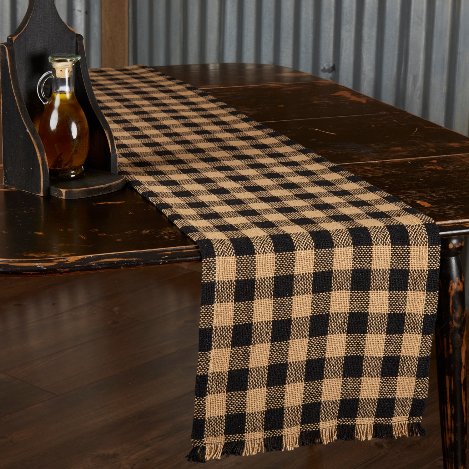 Mayflower Market Burlap Black Check Runner Fringed 13x72 By VHC Brands