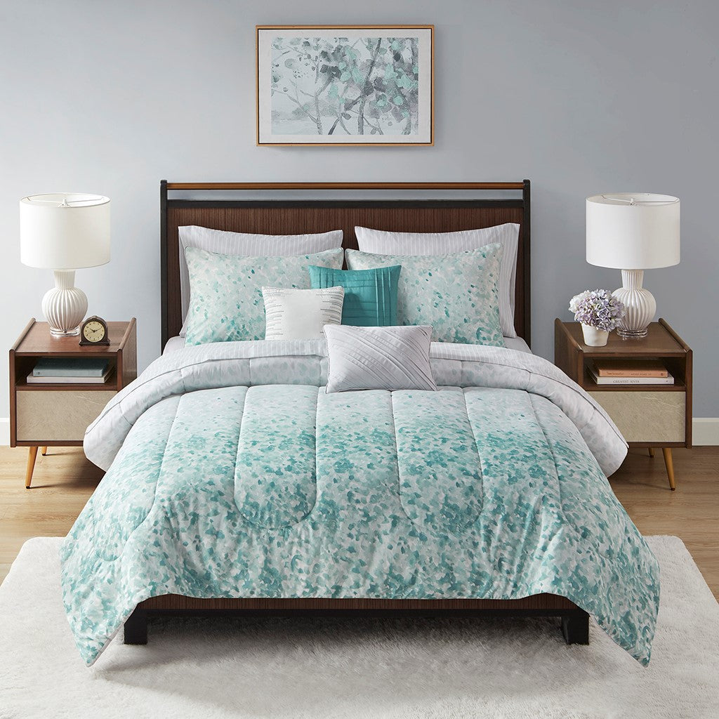 Beautyrest Vail 10 Piece Watercolor Ombre Comforter Set with Bed Sheets - Teal - King Size