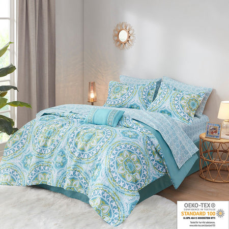 Madison Park Essentials Serenity 9 Piece Comforter Set with Cotton Bed Sheets - Aqua - Cal King Size