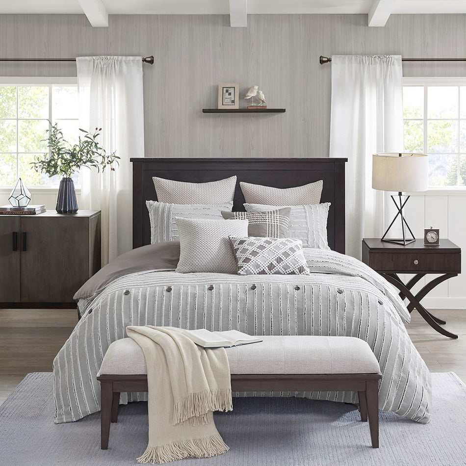 Essence 8 Piece Cotton Clip Jacquard Comforter Set - Gray - Queen Size