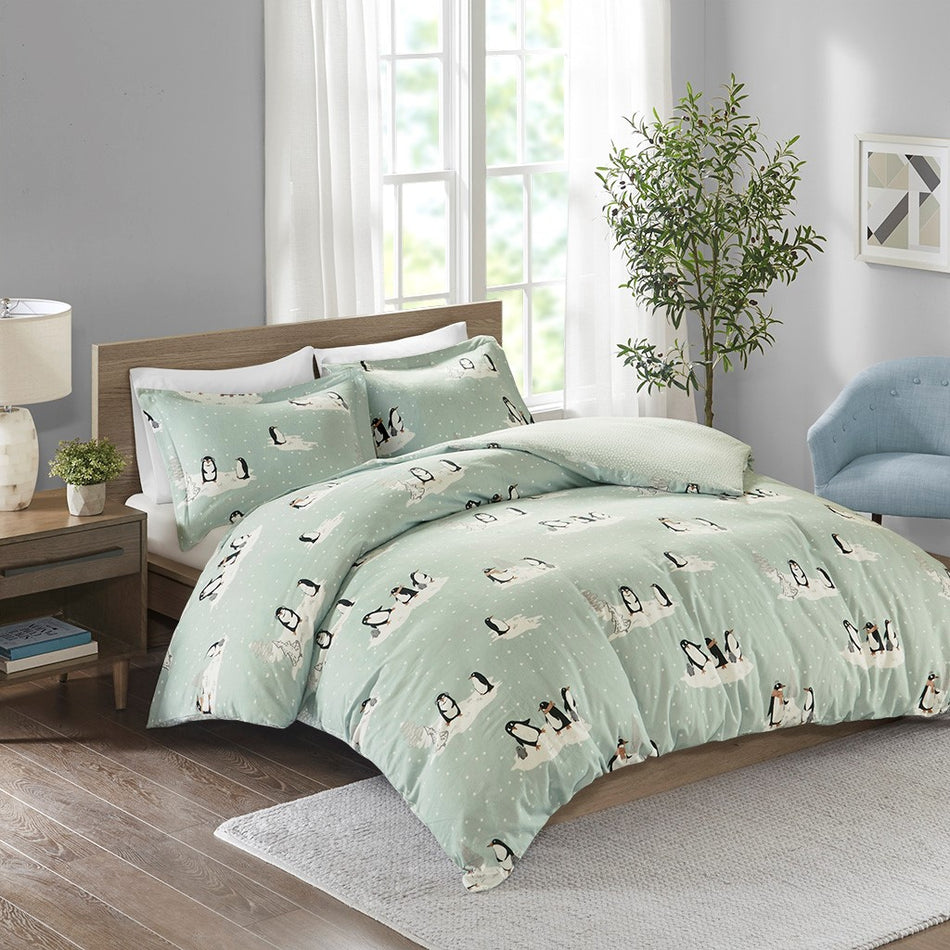 True North by Sleep Philosophy Cozy Flannel Duvet Set - Aqua Penguins - Full Size / Queen Size