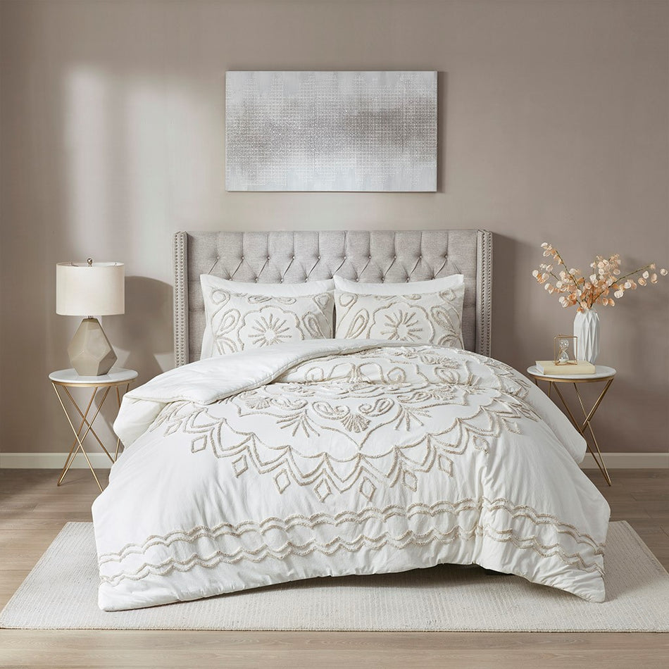 Violette 3 Piece Tufted Cotton Chenille Comforter Set - Ivory / Taupe - Full Size / Queen Size