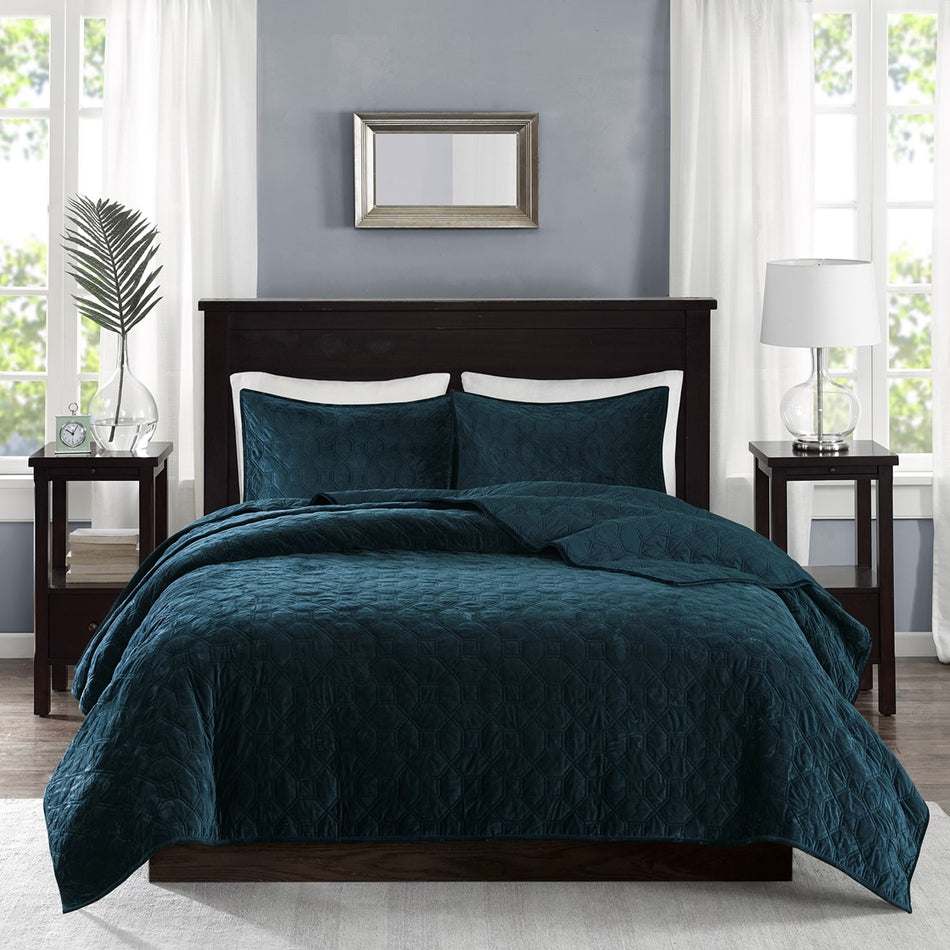 Harper 3 Piece Velvet Quilt Set - Teal - Full Size / Queen Size