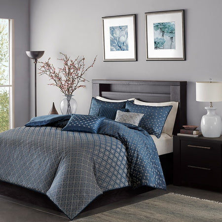 Madison Park Biloxi 6 Piece Duvet Cover Set - Navy - Full Size / Queen Size