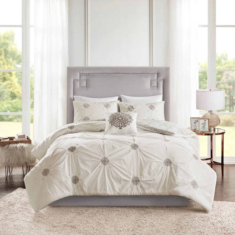 Madison Park Malia 4 Piece Embroidered Cotton Reversible Duvet Cover Set - Ivory  - Full Size / Queen Size Shop Online & Save - ExpressHomeDirect.com