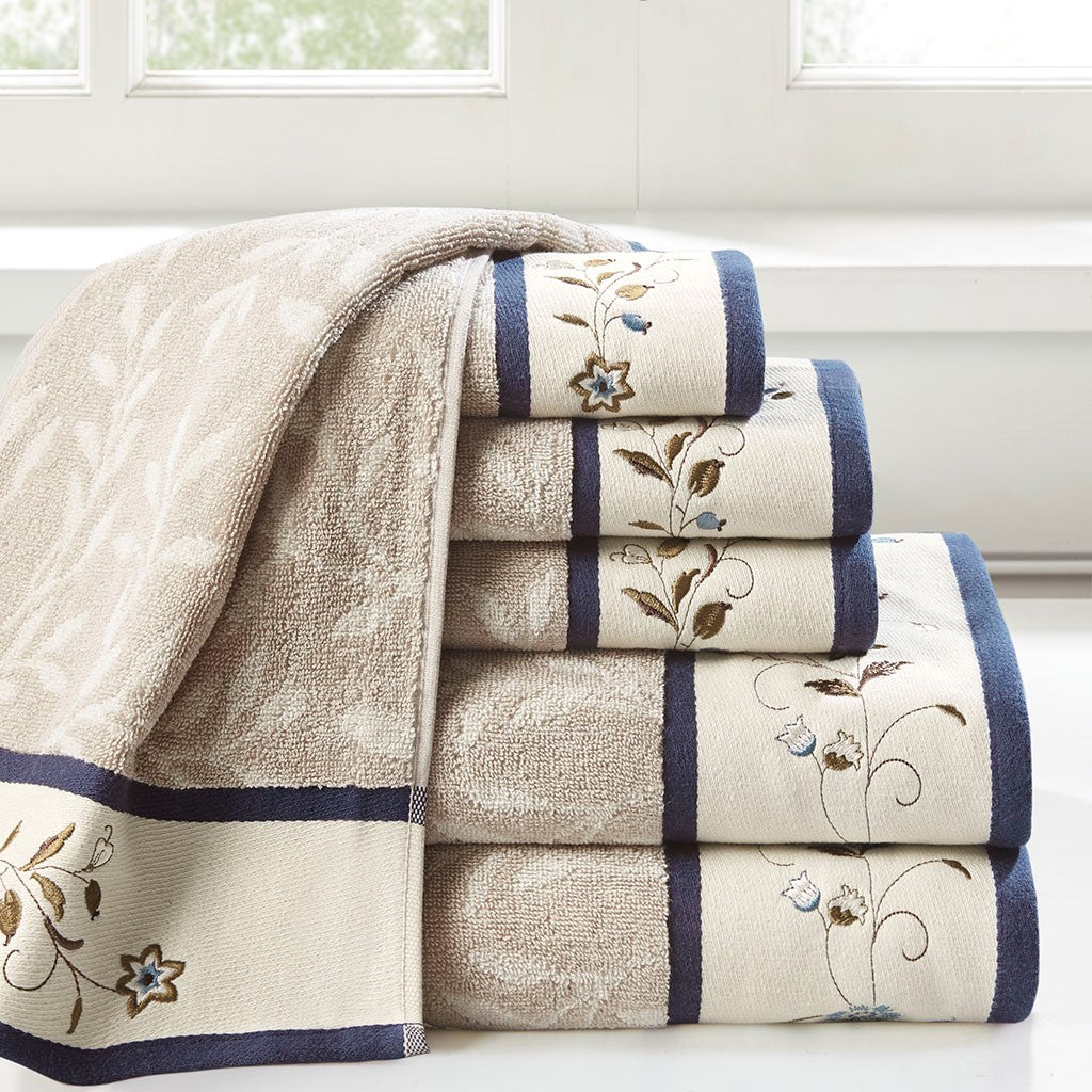 Madison Park Serene Embroidered Cotton Jacquard 6 Piece Towel Set - Navy 