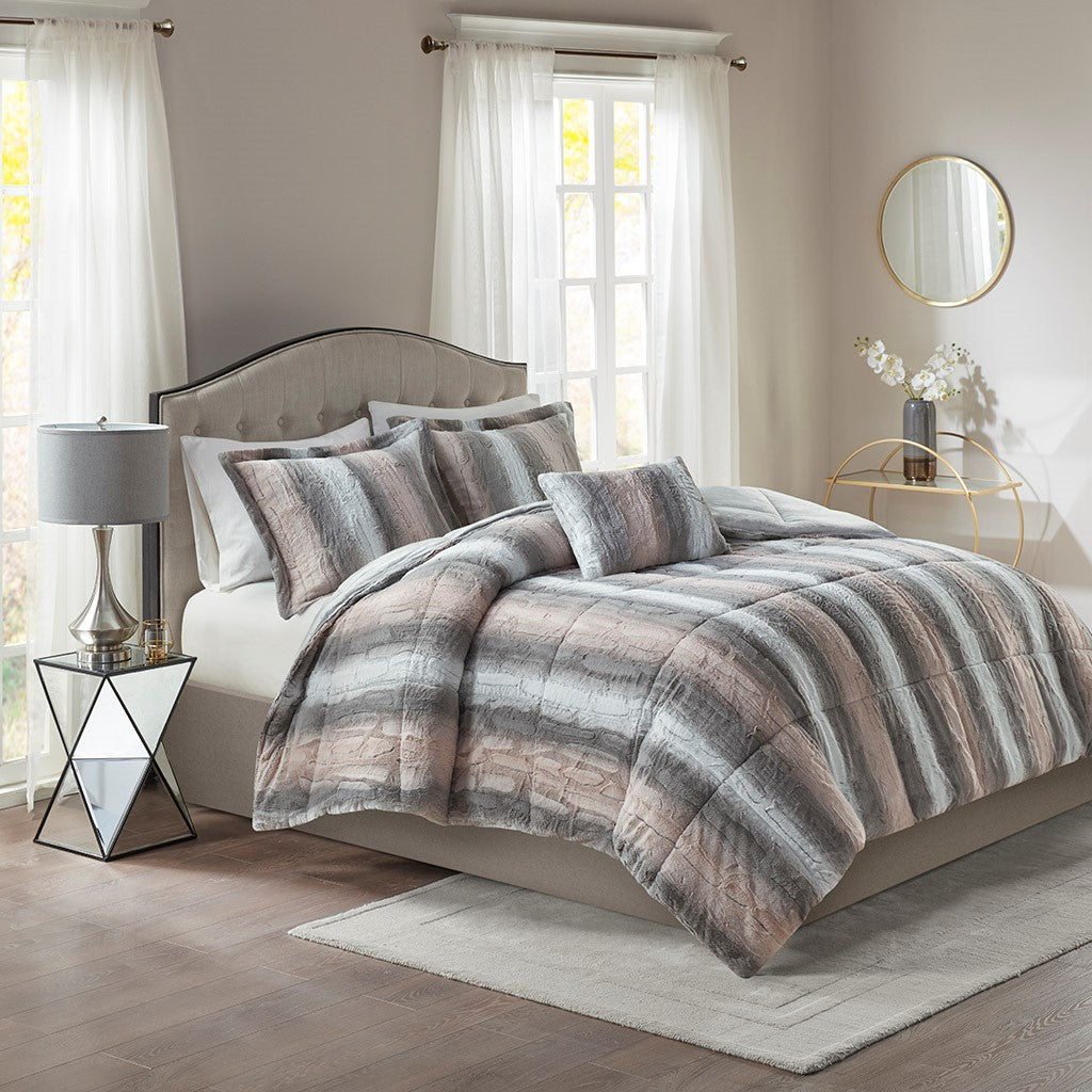 Madison Park Zuri 4PC Faux Fur Comforter Set - Blush / Grey - Full Size / Queen Size
