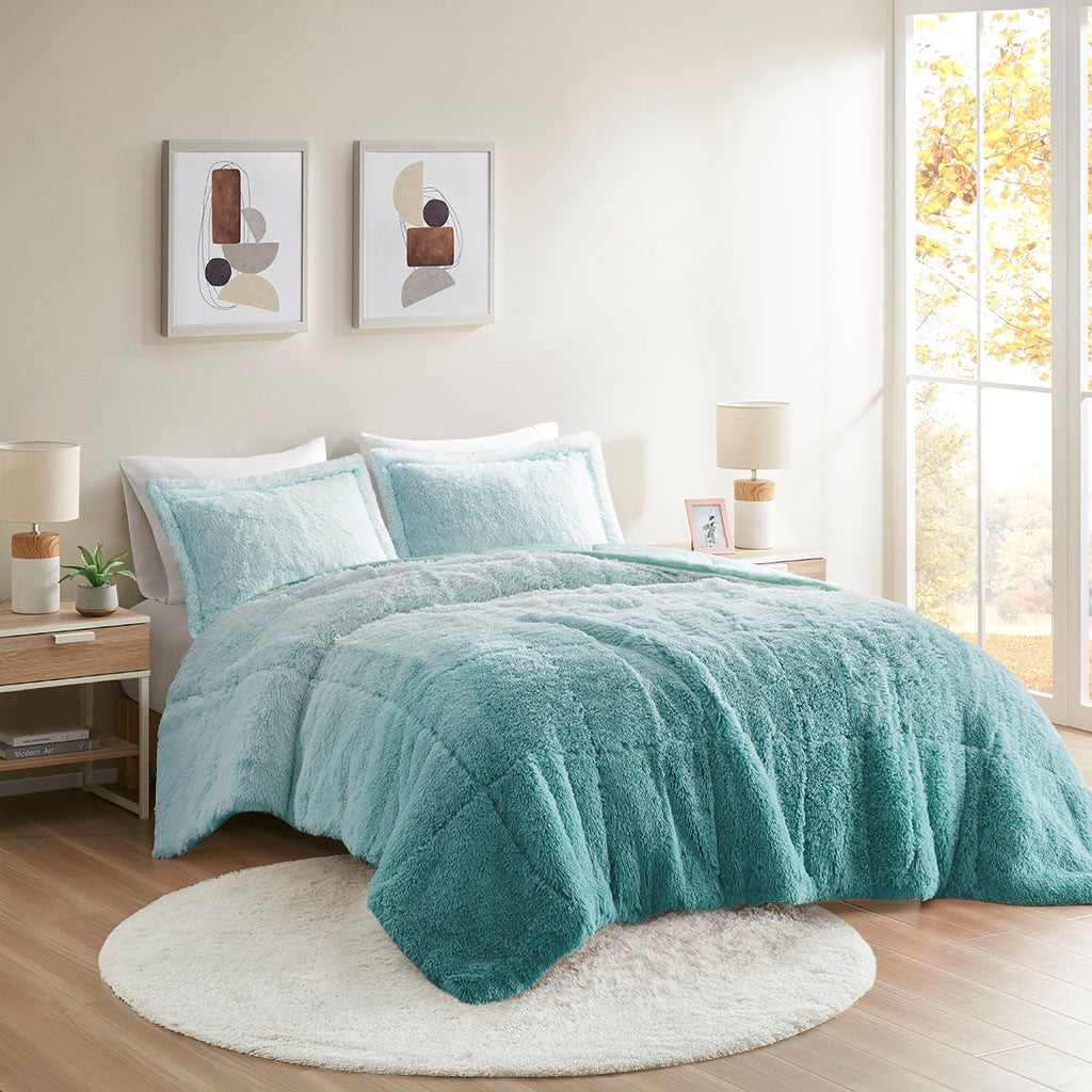 Intelligent Design Brielle Ombre Shaggy Long Fur Comforter Mini Set - Aqua - Full Size / Queen Size