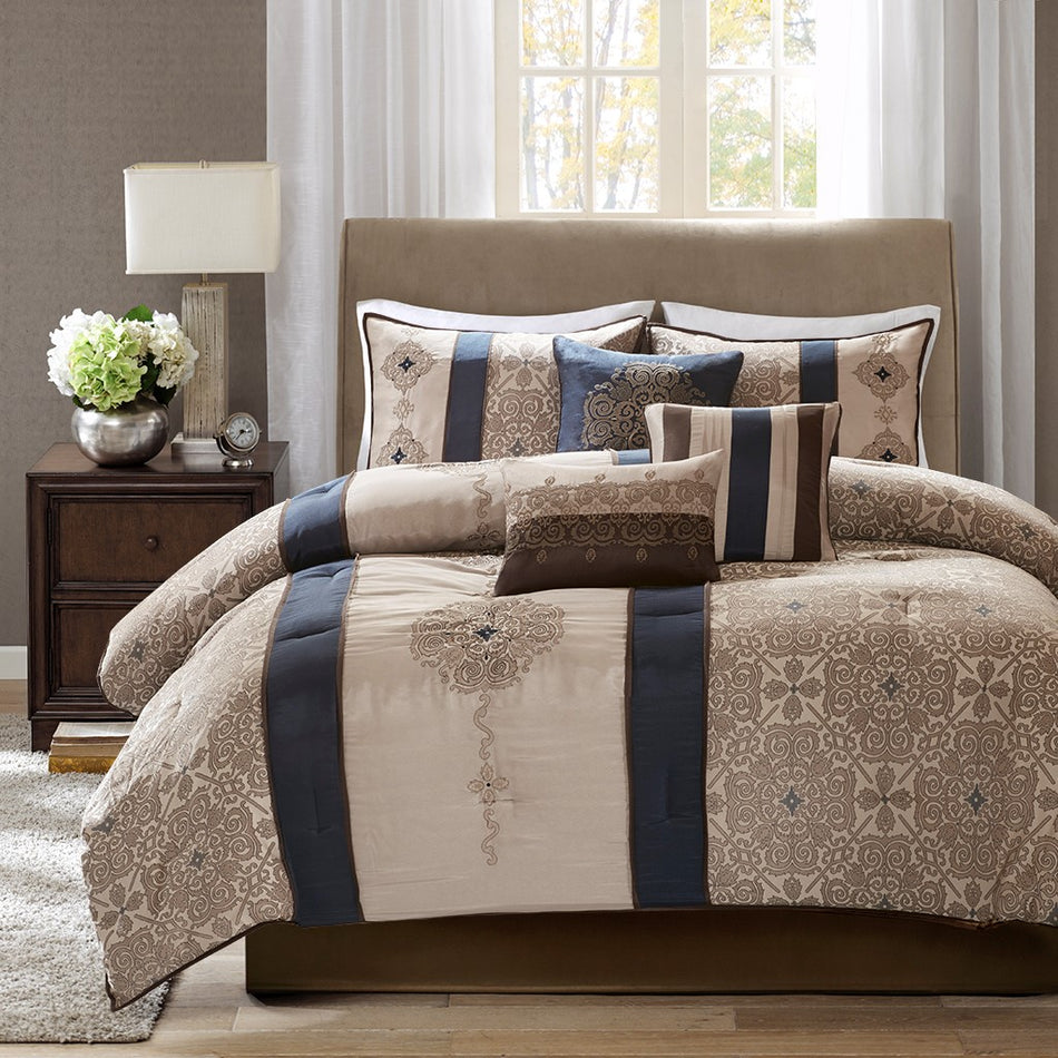 Donovan 7 Piece Jacquard Comforter Set - Navy - Queen Size