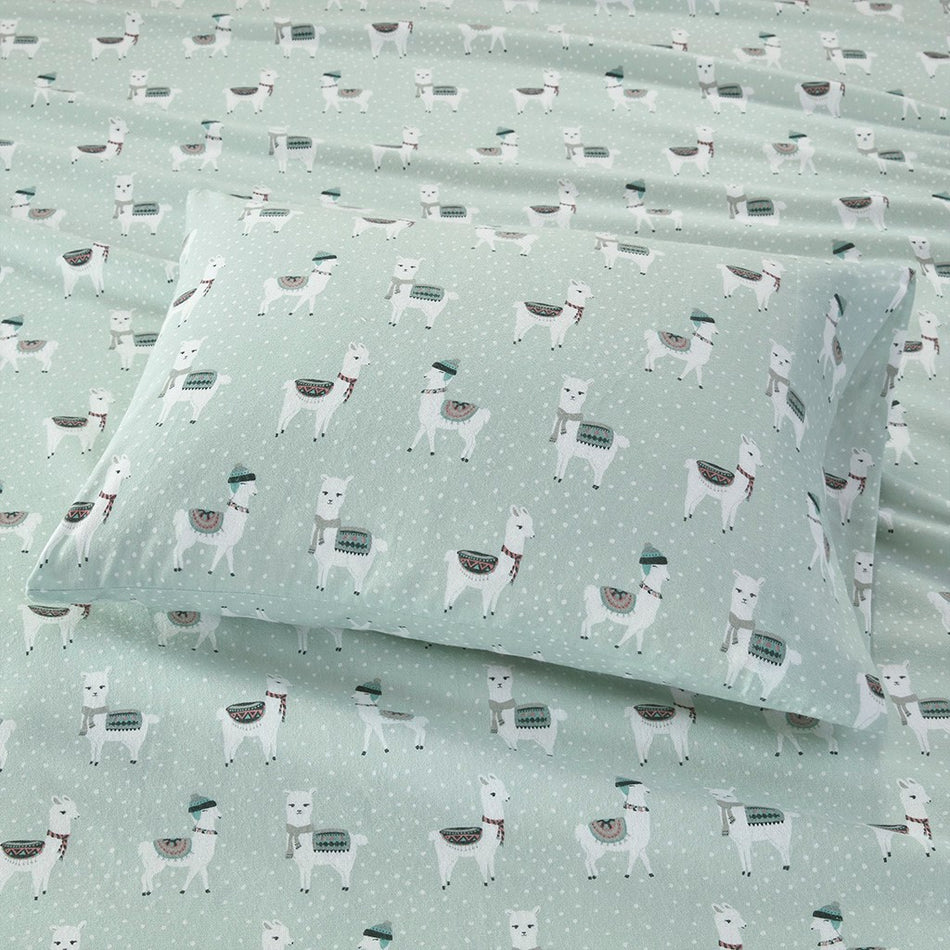 Cozy Cotton Flannel Printed Sheet Set - Seafoam Llama - Twin Size