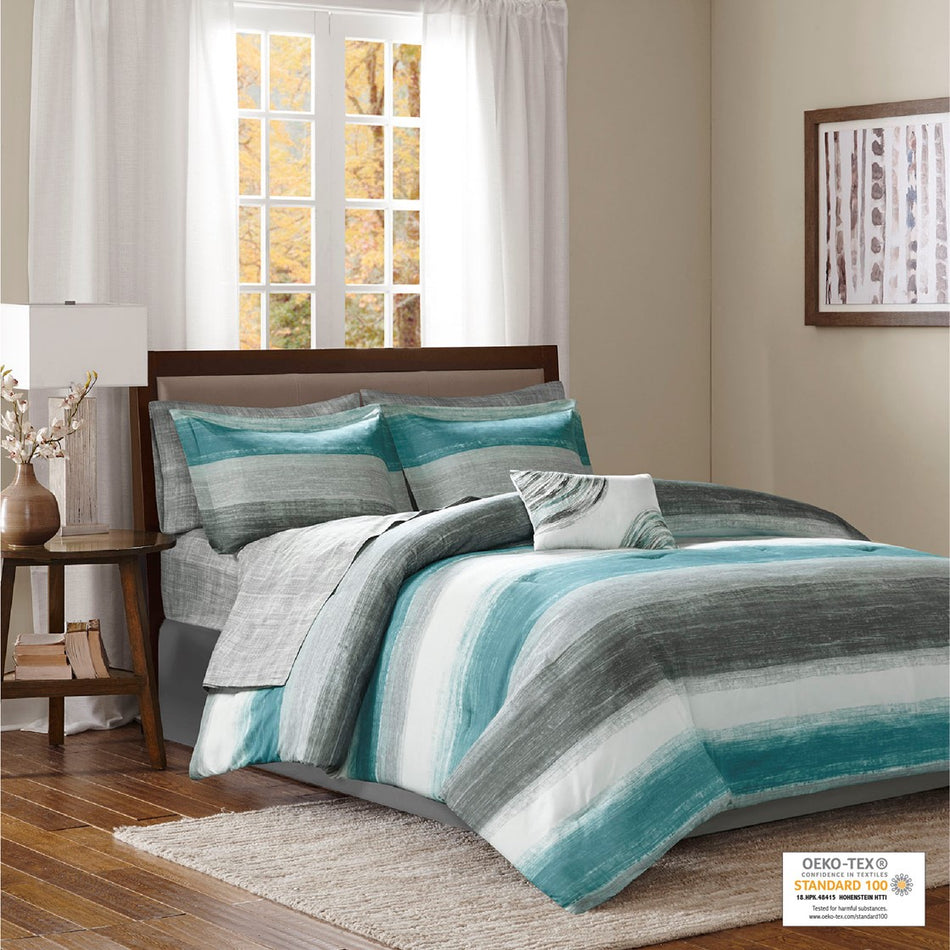 Saben 9 Piece Comforter Set with Cotton Bed Sheets - Aqua - Cal King Size