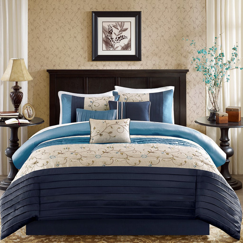 Serene Embroidered 7 Piece Comforter Set - Navy - Cal King Size