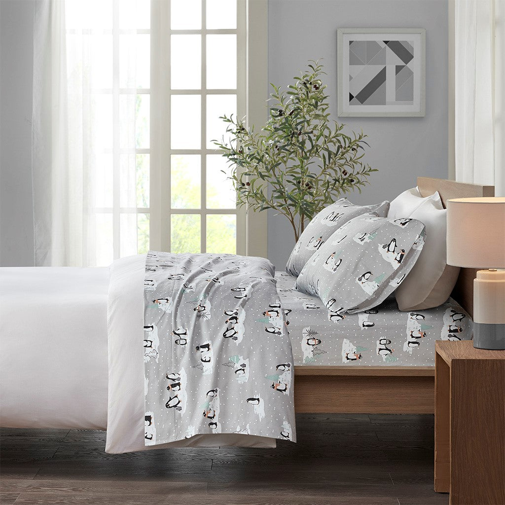 True North by Sleep Philosophy Cozy Cotton Flannel Printed Sheet Set - Grey Penguins - Queen Size