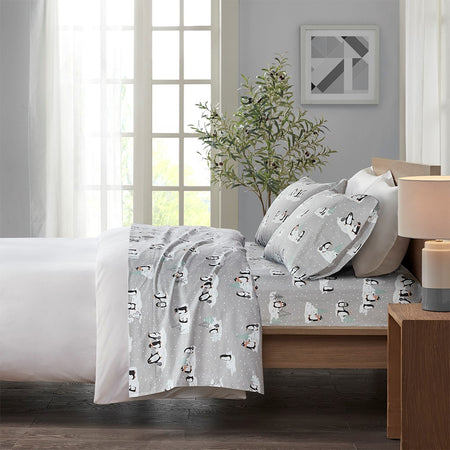True North by Sleep Philosophy Cozy Cotton Flannel Printed Sheet Set - Grey Penguins  - Twin Size Shop Online & Save - ExpressHomeDirect.com