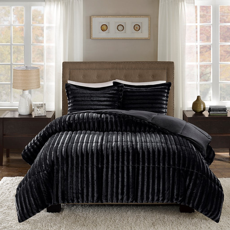 Duke Faux Fur Comforter Mini Set - Black - Full Size / Queen Size