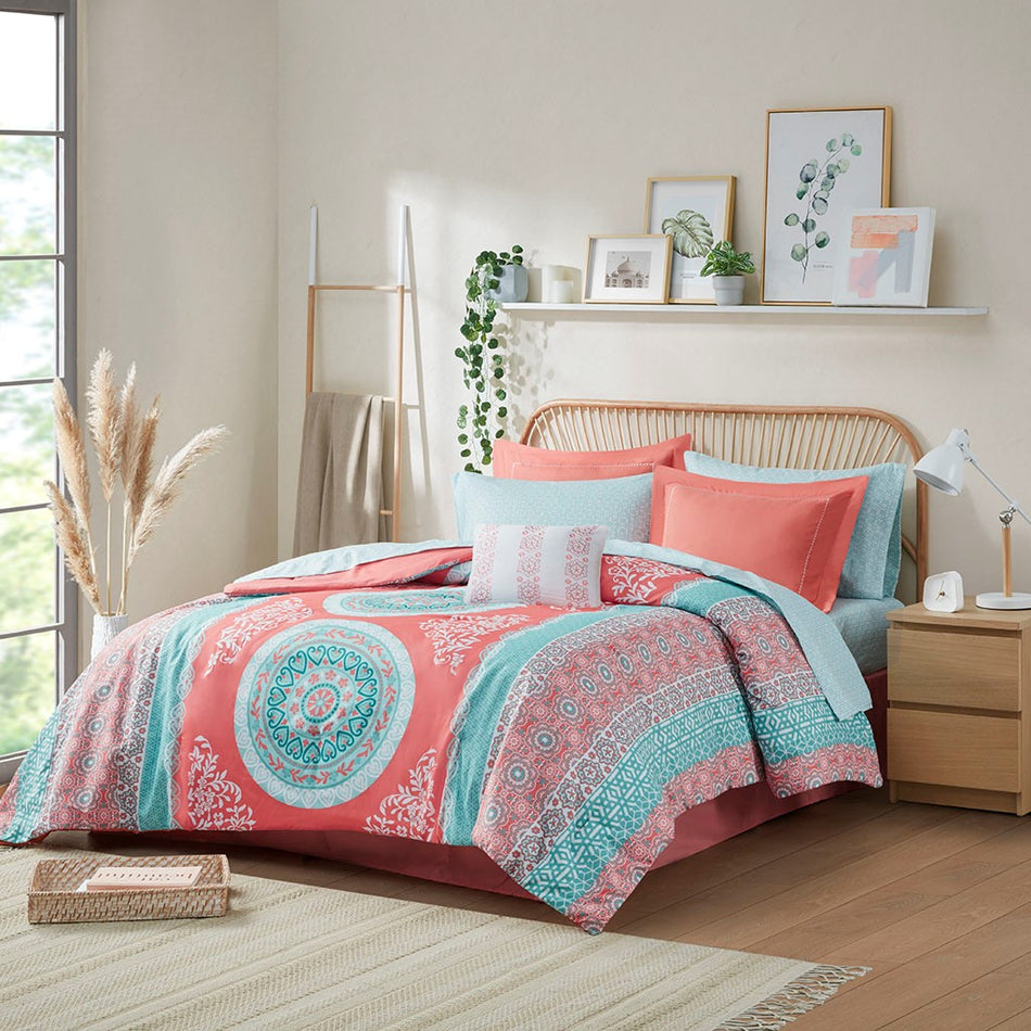 Loretta Boho Comforter Set with Bed Sheets - Coral - Twin Size