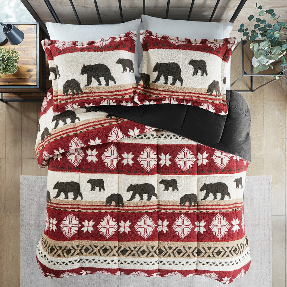 Woolrich Tunbridge Print Sherpa Comforter Set - Red / Black - Full Size / Queen Size