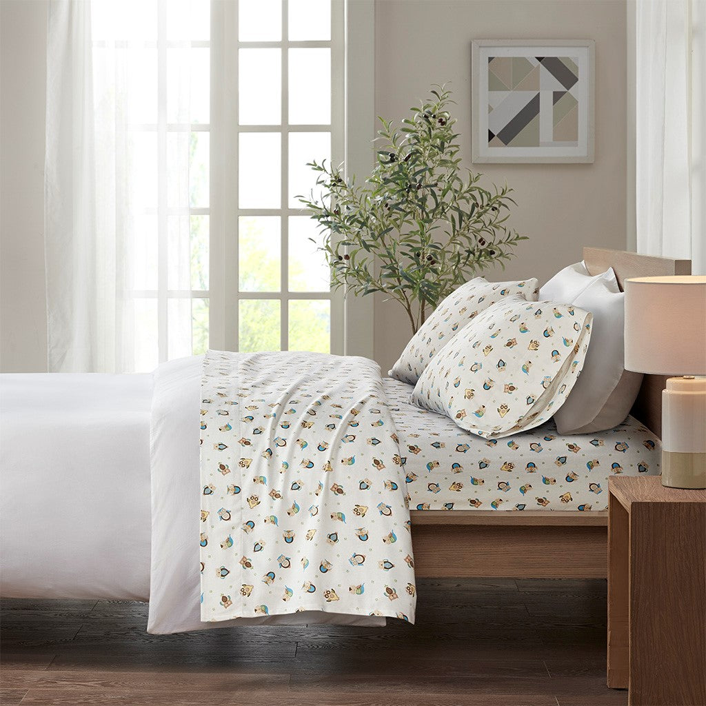 True North by Sleep Philosophy Cozy Cotton Flannel Printed Sheet Set - Sand Owls - King Size