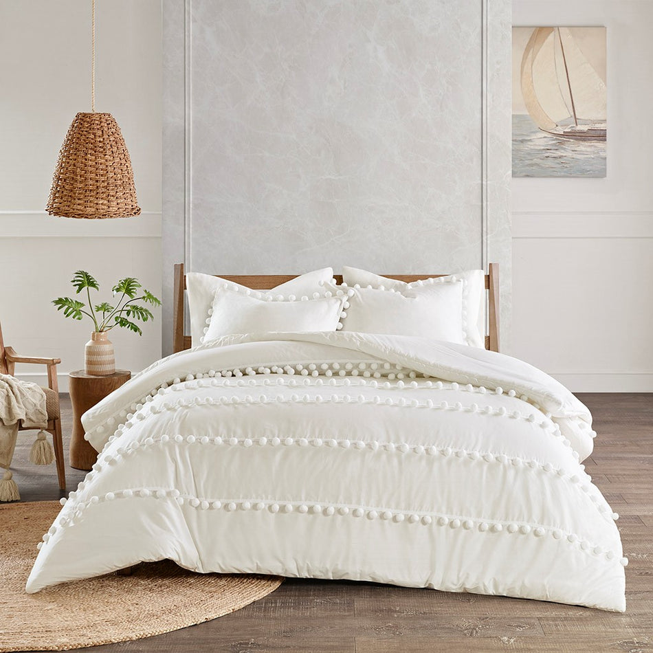 Madison Park Leona 3 Piece Pom Pom Cotton Comforter Set - Ivory  - Full Size / Queen Size Shop Online & Save - ExpressHomeDirect.com