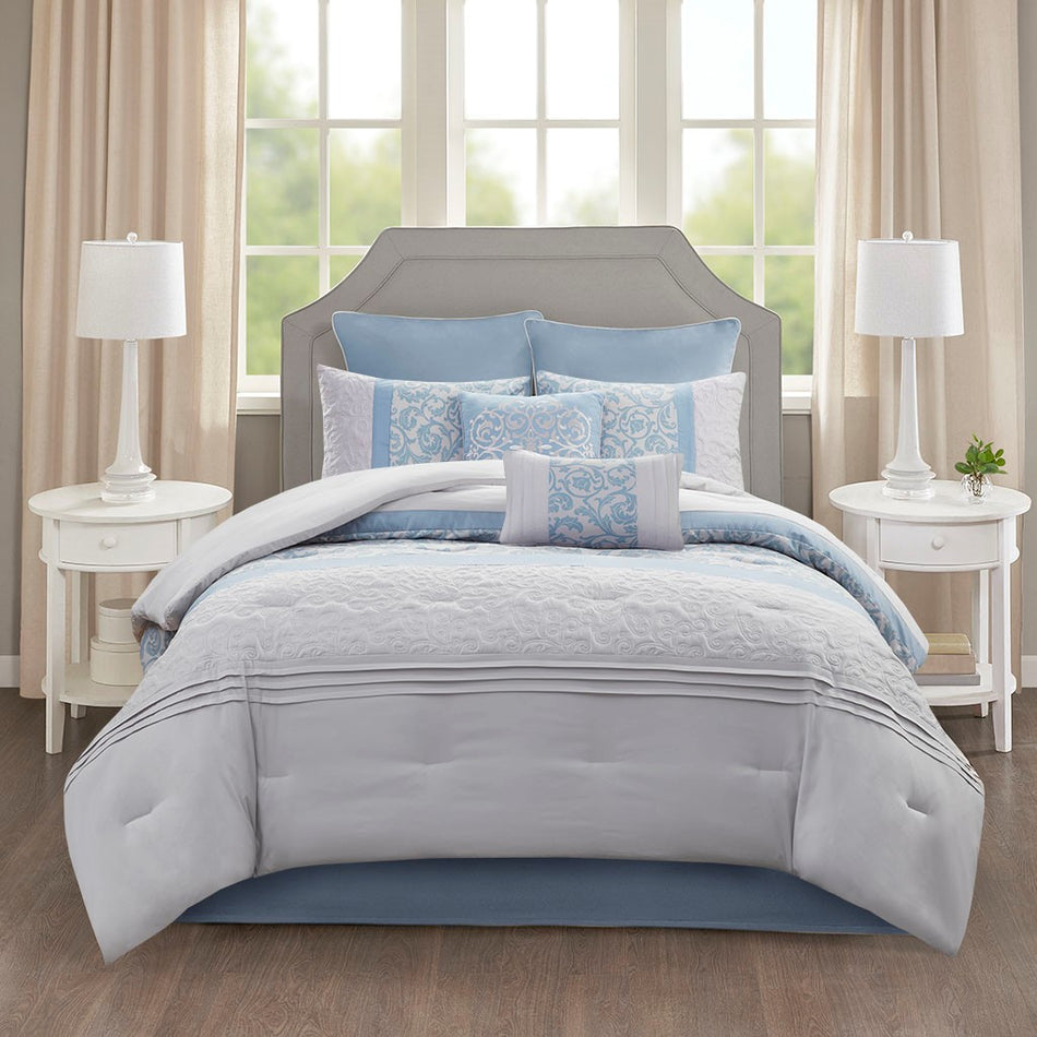 Ramsey Embroidered 8 Piece Comforter Set - Blue - Queen Size