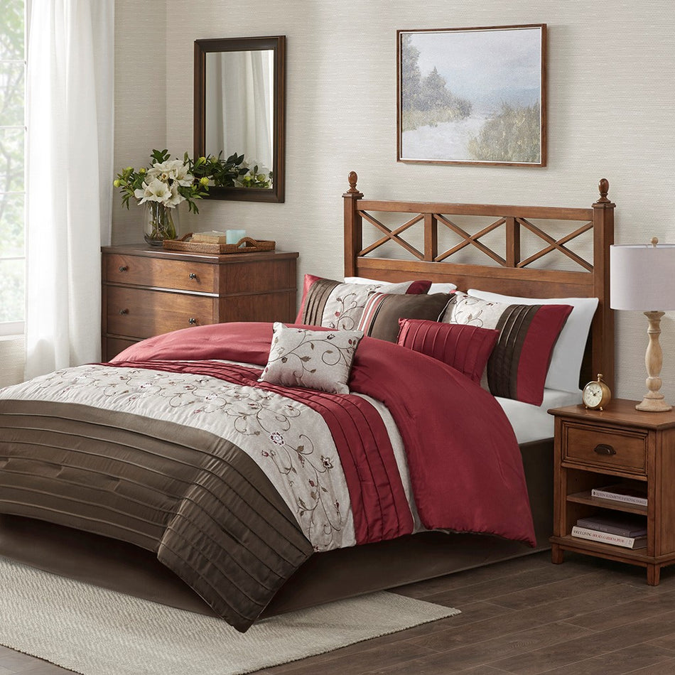 Madison Park Serene Embroidered 7 Piece Comforter Set - Red - King Size