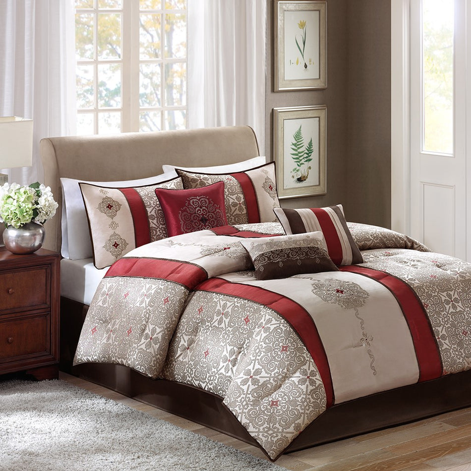 Madison Park Donovan 7 Piece Jacquard Comforter Set - Red - King Size