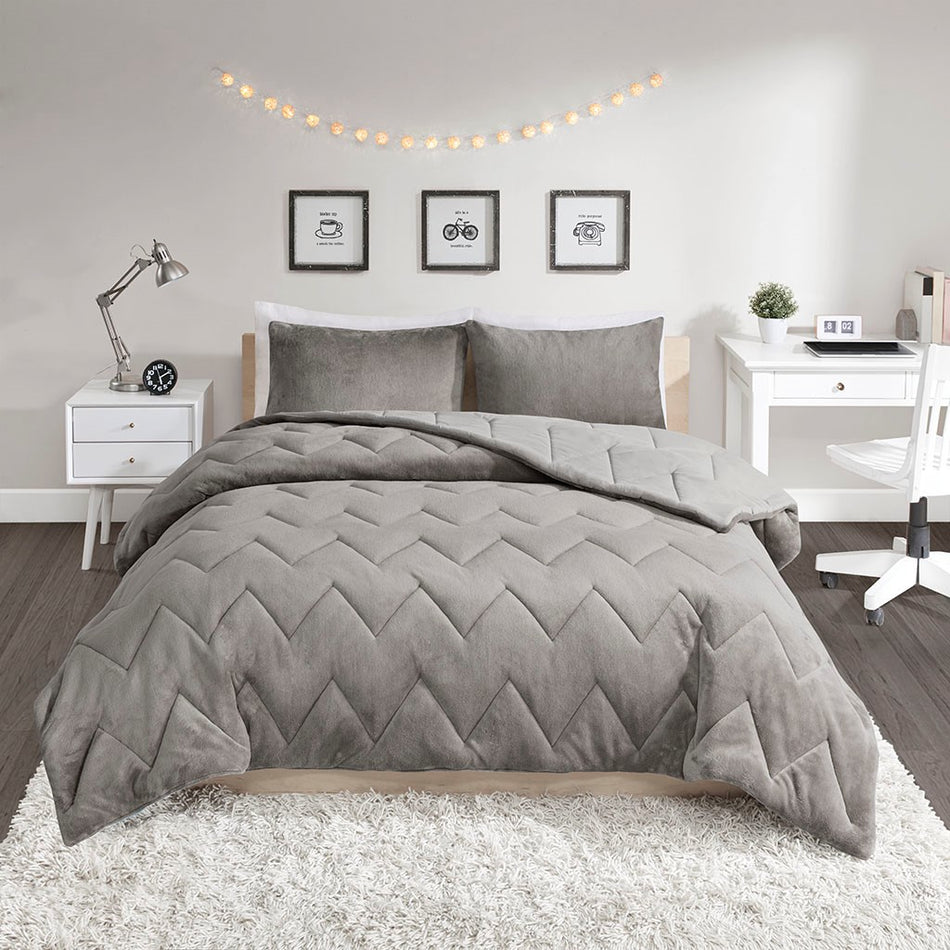 Kai Solid Chevron Quilted Reversible Microfiber to Cozy Plush Comforter Set - Grey - Full Size / Queen Size