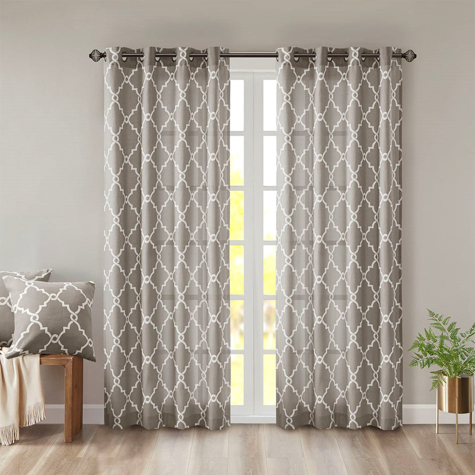 Madison Park Saratoga Fretwork Print Grommet Top Window Curtain - Grey - 50x84"