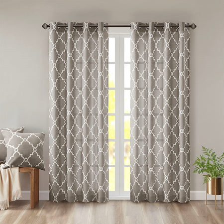 Madison Park Saratoga Fretwork Print Grommet Top Window Curtain - Grey - 50x108"