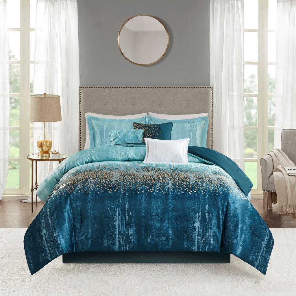 Madison Park Midnight Garden 7 Piece Metallic Print Comforter Set - Navy  - Queen Size Shop Online & Save - ExpressHomeDirect.com