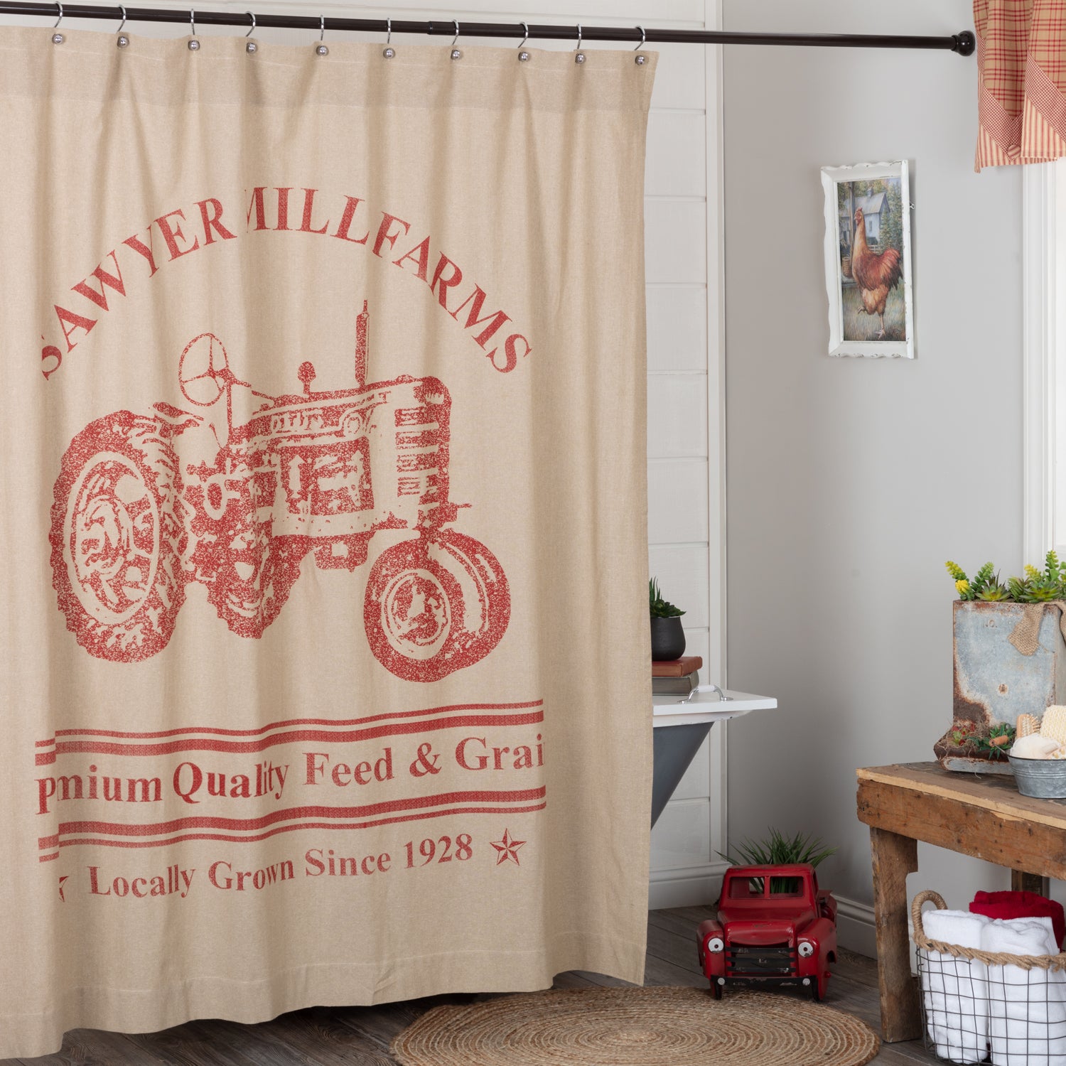 April & Olive Sawyer Mill Red Tractor Shower Curtain 72x72 By VHC Brands