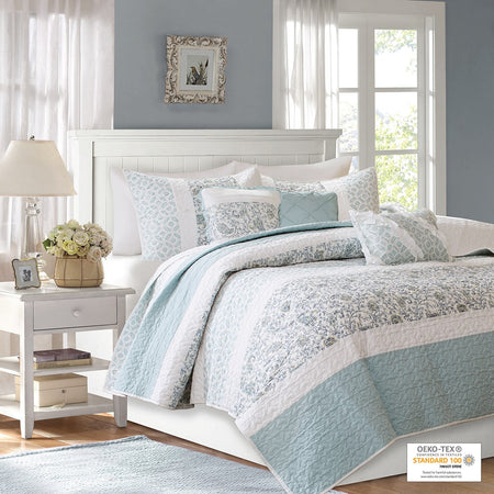 Madison Park Dawn 6 Piece Cotton Percale Quilt Set with Throw Pillows - Blue - Full Size / Queen Size