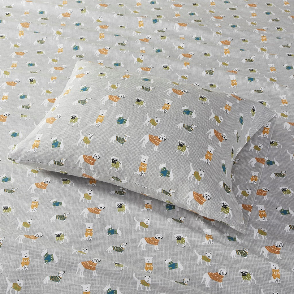 Cozy Cotton Flannel Printed Sheet Set - Grey Dogs - King Size