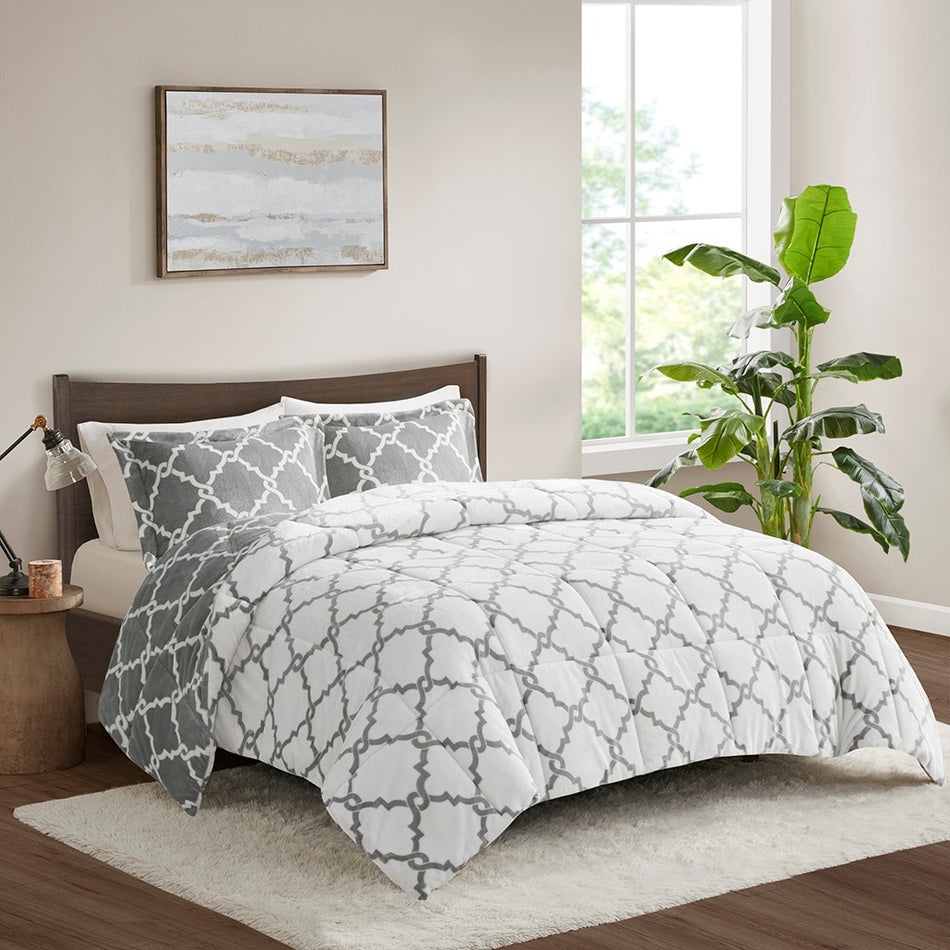 Peyton Reversible Plush Comforter Mini Set - Grey - Full Size / Queen Size