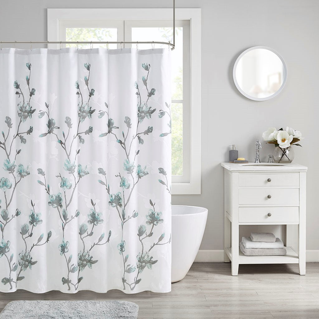 Madison Park Magnolia Floral Printed Burnout Shower Curtain - Aqua - 72x72"