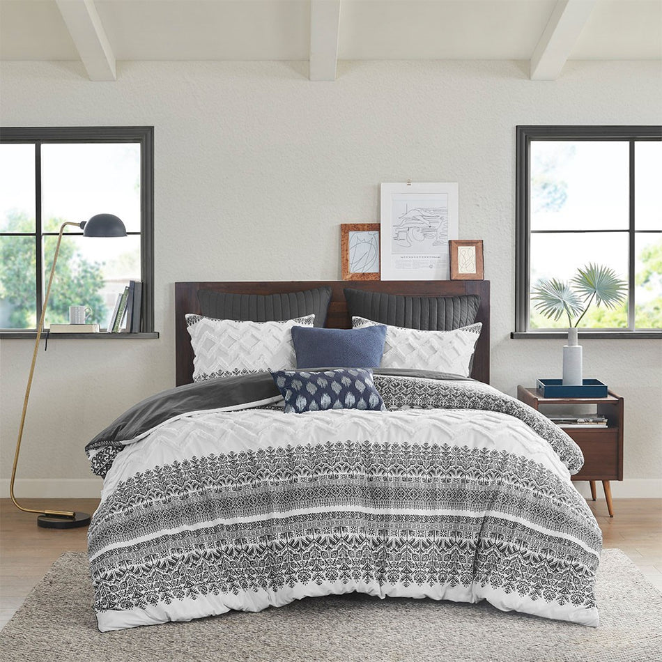 Mila 3 Piece Cotton Duvet Cover Set with Chenille Tufting - Gray - Full Size / Queen Size