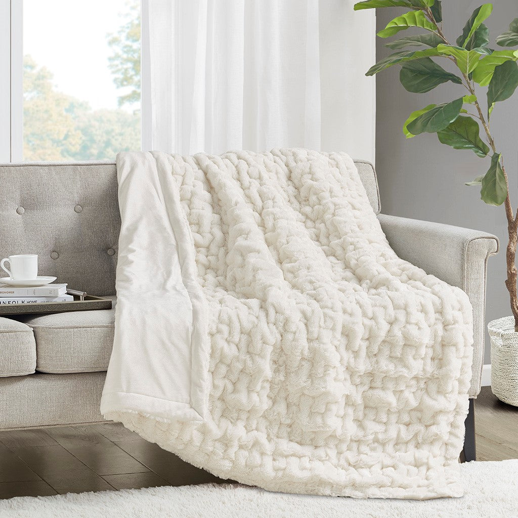 Madison Park Ruched Fur Throw - Ivory - 50x60"
