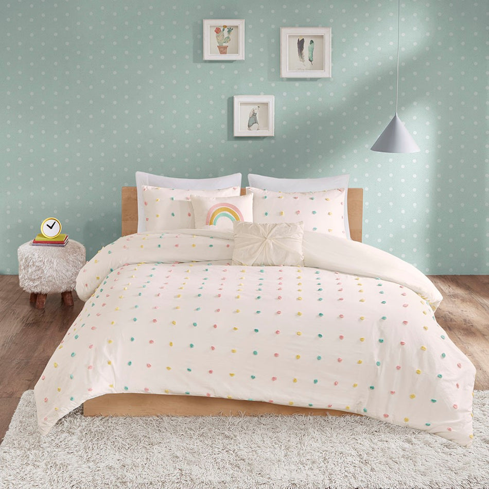 Callie Cotton Jacquard Pom Pom Comforter Set - Multicolor - Full Size / Queen Size