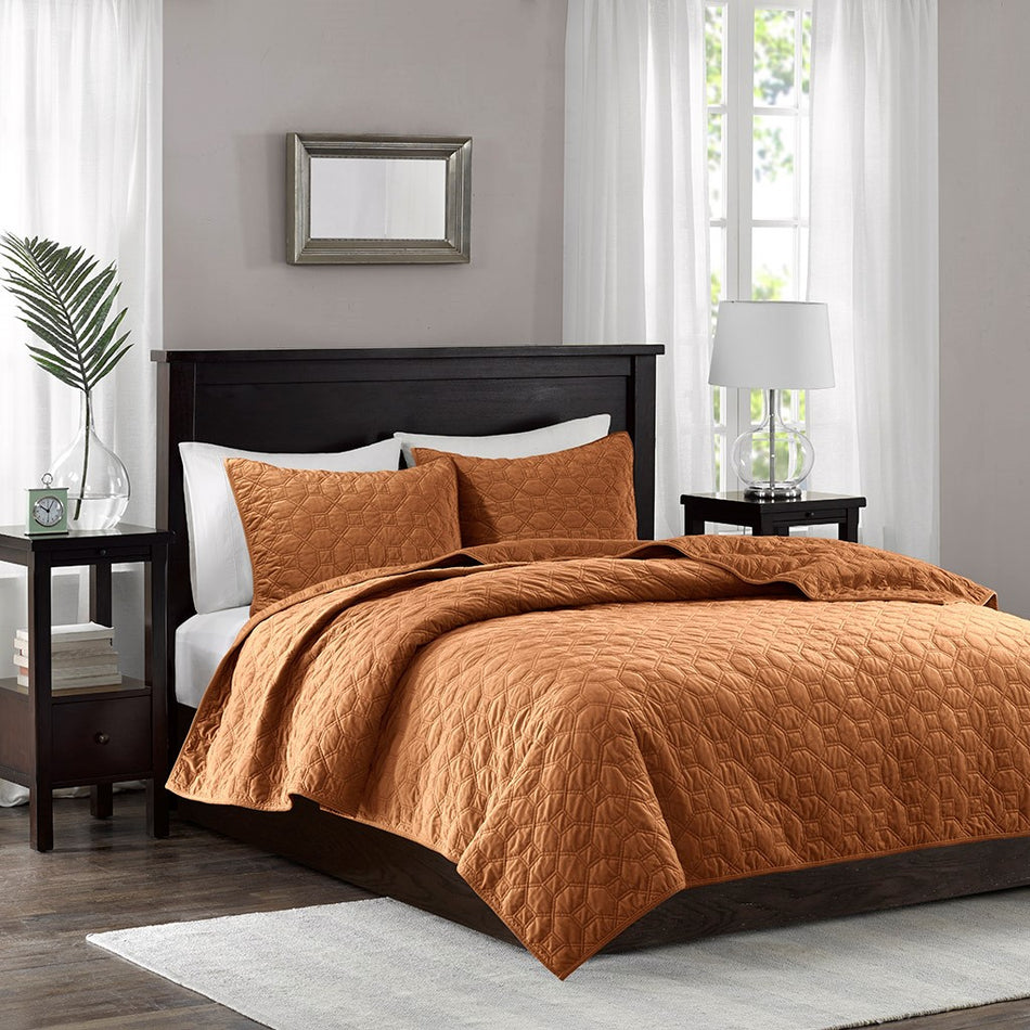 Madison Park Harper 3 Piece Velvet Quilt Set - Rust - Full Size / Queen Size