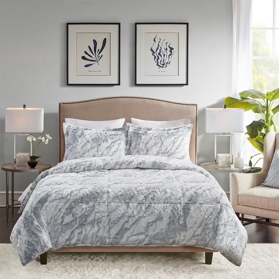 Lana Marble Faux Fur Comforter Set - Grey / Blue - Queen Size