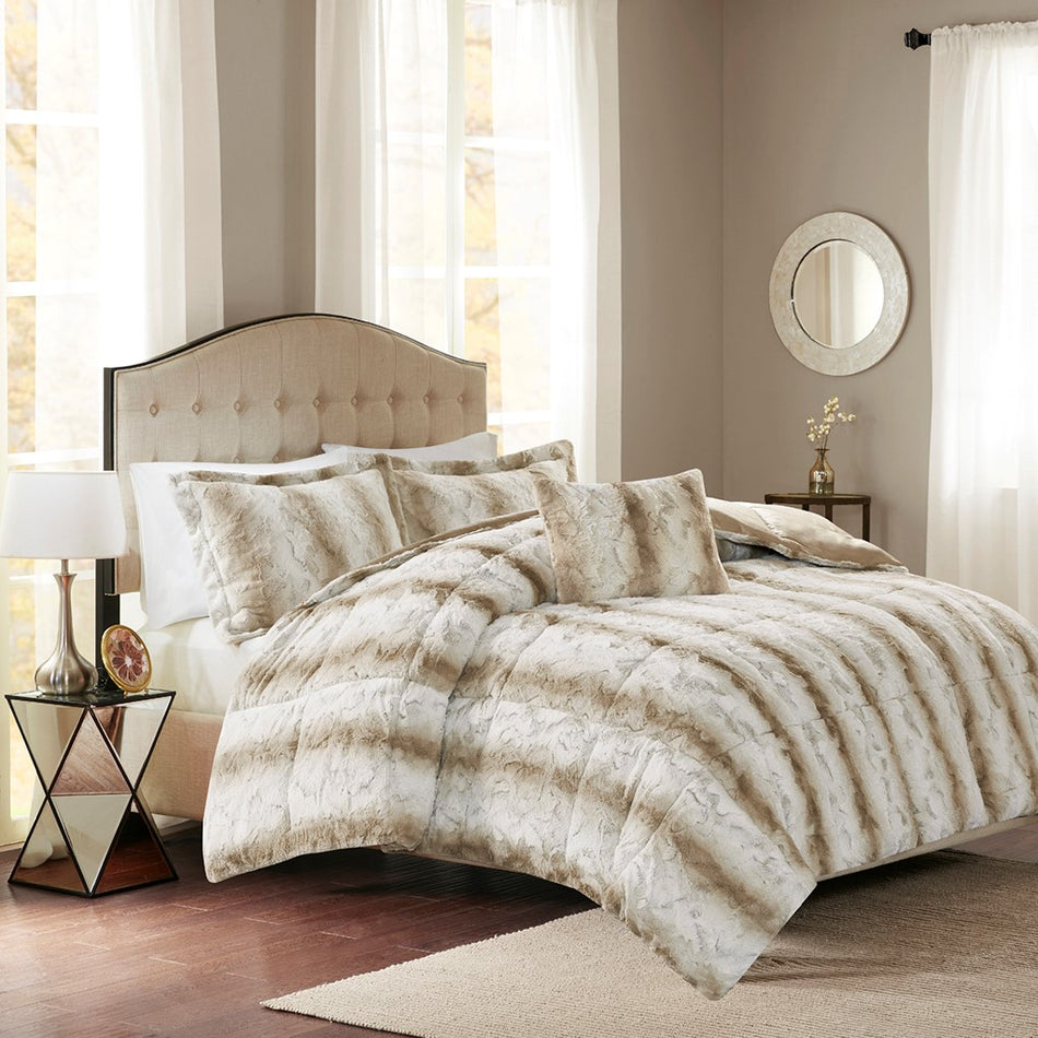 Madison Park Zuri 4PC Faux Fur Comforter Set - Sand - Full Size / Queen Size
