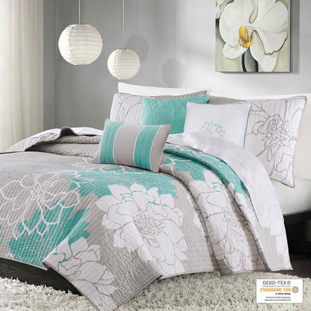Madison Park Lola 6 Piece Printed Cotton Quilt Set with Throw Pillows - Aqua - King Size / Cal King Size