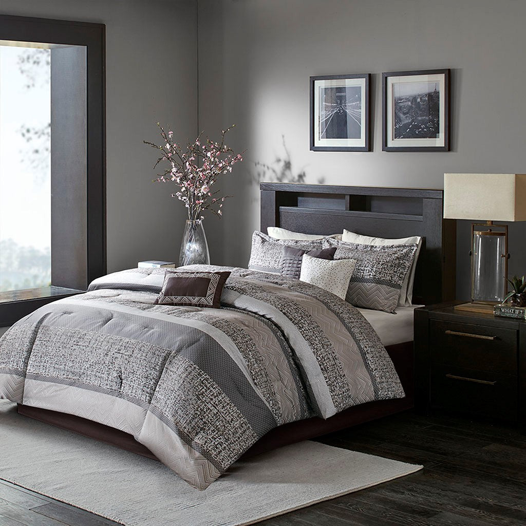 Madison Park Rhapsody 7 Piece Jacquard Comforter Set - Grey / Taupe - Cal King Size