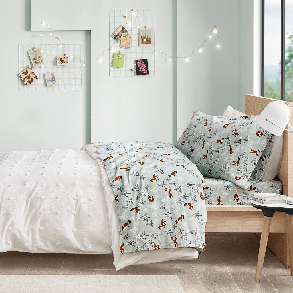 Intelligent Design  Cozy Soft Cotton Flannel Printed Sheet Set - Seafoam Foxes  - Twin Size Shop Online & Save - ExpressHomeDirect.com