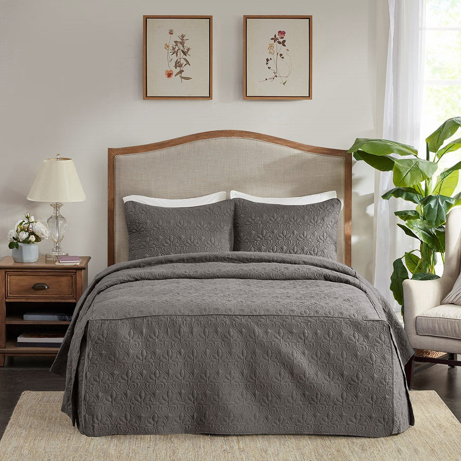 Quebec 3 Piece Fitted Bedspread Set - Dark Grey - Queen Size