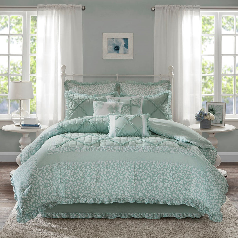 Mindy 9 Piece Cotton Percale Comforter Set - Seafoam - Queen Size