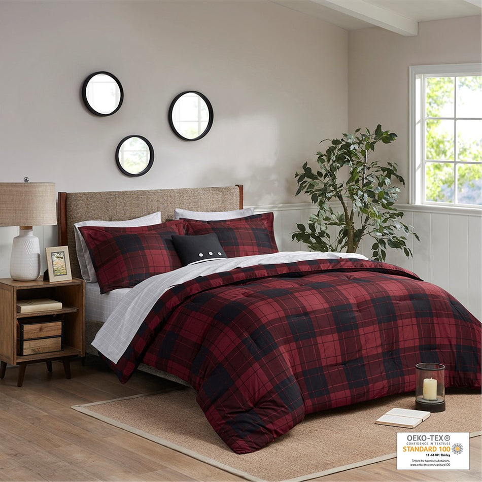 Everest 6 Piece Reversible Comforter Set with Bed Sheets - Red Plaid - Twin Size