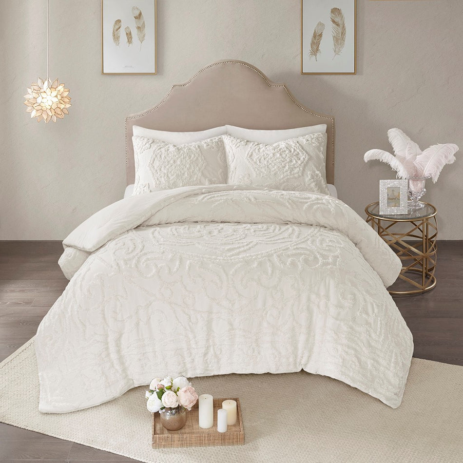 Laetitia 3-Piece Tufted Cotton Chenille Medallion Comforter Set - Off White - Full Size / Queen Size